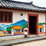 **Prompt 1:** "A serene Korean mural village scene. Depict historical buildings blending with colorful, modern art murals on old houses. Include local children interacting with the art. Capture a nostalgic, trick-art photo spot with tourists. Soft, natural light."
