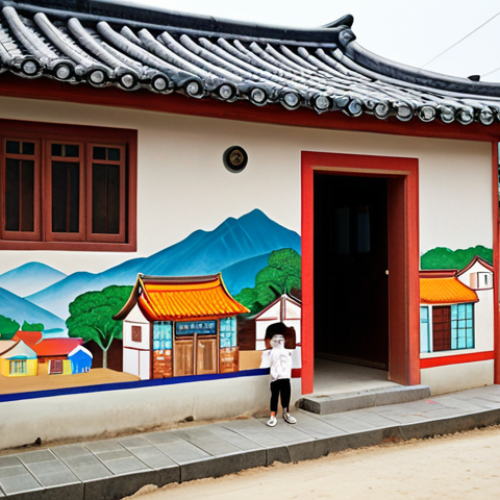 **Prompt 1:** "A serene Korean mural village scene. Depict historical buildings blending with colorful, modern art murals on old houses. Include local children interacting with the art. Capture a nostalgic, trick-art photo spot with tourists. Soft, natural light."