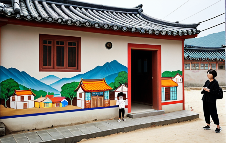 **Prompt 1:** "A serene Korean mural village scene. Depict historical buildings blending with colorful, modern art murals on old houses. Include local children interacting with the art. Capture a nostalgic, trick-art photo spot with tourists. Soft, natural light."