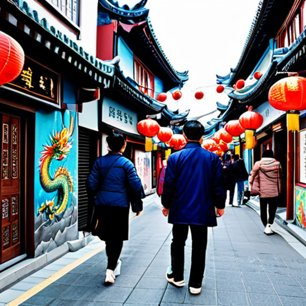 Colorful Chinatown Street Scene**
A vibrant street scene in Incheon Chinatown, South Korea. Focus on a narrow alleyway filled with colorful murals depicting dragons, phoenixes, and figures from Chinese opera. Include traditional Chinese lanterns and signs with Hanja characters. Capture the feeling of exploration and discovery. People are strolling and taking photos. Safe for work, appropriate content, fully clothed, family-friendly, perfect anatomy, natural proportions, professional photography, high quality.
**