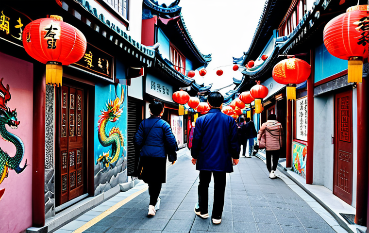 Colorful Chinatown Street Scene**

A vibrant street scene in Incheon Chinatown, South Korea. Focus on a narrow alleyway filled with colorful murals depicting dragons, phoenixes, and figures from Chinese opera. Include traditional Chinese lanterns and signs with Hanja characters. Capture the feeling of exploration and discovery. People are strolling and taking photos. Safe for work, appropriate content, fully clothed, family-friendly, perfect anatomy, natural proportions, professional photography, high quality.

**