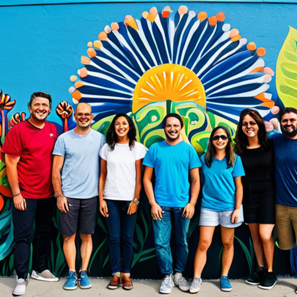 Collaborative Mural Creation**
"A diverse team of artists, *fully clothed* in appropriate attire, collaboratively painting a large, vibrant mural on a city wall. The mural depicts stylized local flora and fauna. Bright, sunny day. *Safe for work, appropriate content.* Focus on teamwork, camaraderie, and the joy of creation. *Perfect anatomy, correct proportions, natural pose.* *Professional*, family-friendly scene. *Well-formed hands, proper finger count, natural body proportions.*"
**