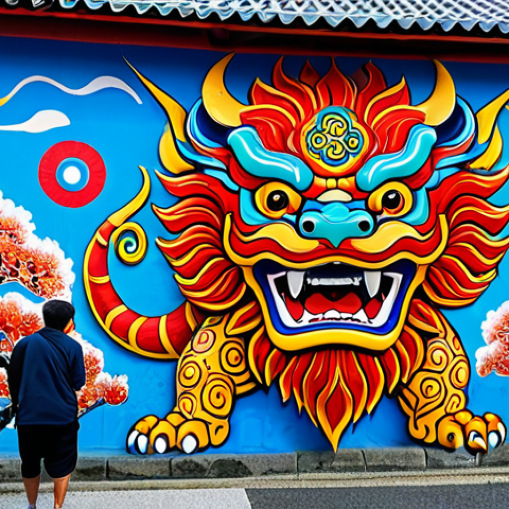 벽화와 사람들 이야기 - **Prompt**: A vibrant and energetic mural on the side of a traditional Japanese building in Okinawa....