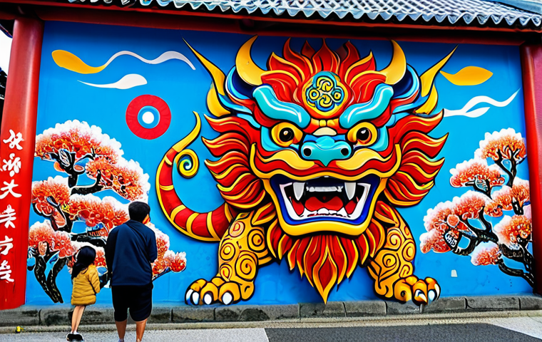 벽화와 사람들 이야기 - **Prompt**: A vibrant and energetic mural on the side of a traditional Japanese building in Okinawa....