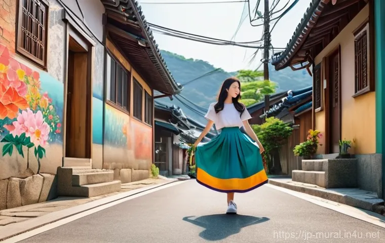 벽화여행 강원도 홍천 벽화마을 - **Prompt 1: Nostalgic Alleyway Art Encounter**
    "A serene, narrow alley in Hongcheon Mural Villag...