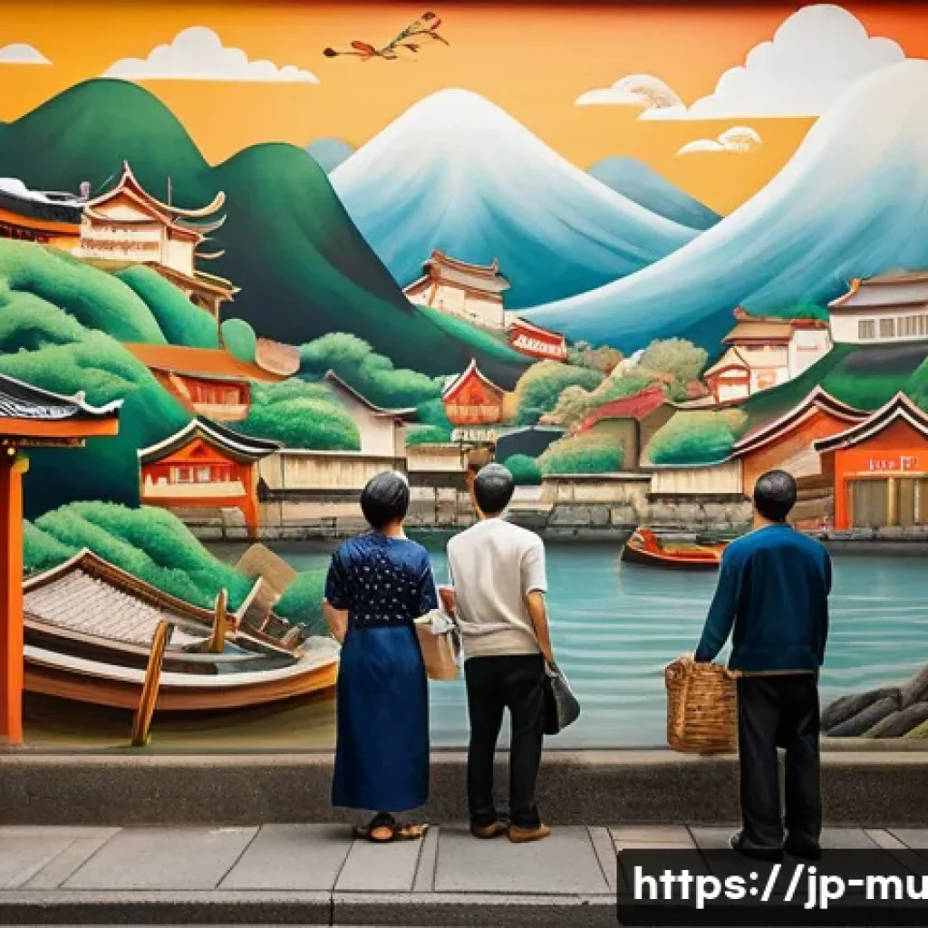 벽화마을과 관광 사업화 - **Vibrant Storytelling Mural in a Historic Japanese Alleyway:** A highly detailed, colorful mural de...