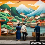 벽화마을과 관광 사업화 - **Vibrant Storytelling Mural in a Historic Japanese Alleyway:** A highly detailed, colorful mural de...