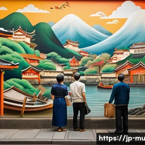 벽화마을과 관광 사업화 - **Vibrant Storytelling Mural in a Historic Japanese Alleyway:** A highly detailed, colorful mural de...