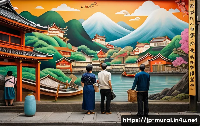 벽화마을과 관광 사업화 - **Vibrant Storytelling Mural in a Historic Japanese Alleyway:** A highly detailed, colorful mural de...